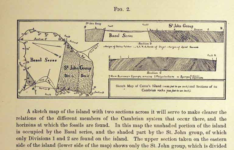 Image couleur d’une page de magazine avec texte, carte et coupe transversale de la géologie de l'île