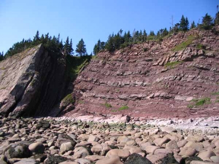 Colour photograph of rocky beach, red rock cliffs and trees