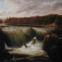 Colour image of waterfall, trees and mountains