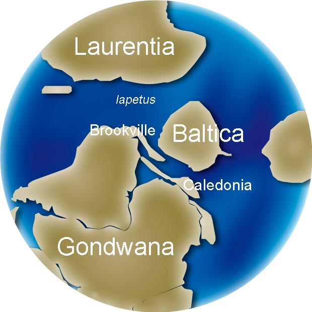 Colour image of globe showing changing position of continents Gondwana, Baltica, Laurentia