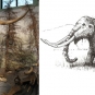 Image couleur double d’un squelette brun devant des arbres et du croquis d’un mastodonte