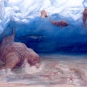 Watercolour painting of a walrus swimming in a blue ocean with red mud on the bottom and ice above